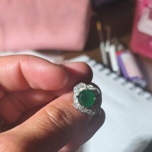 Silver Floral Ring with Green Center Stone